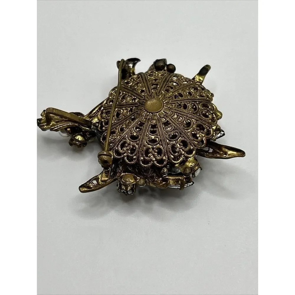 Vintage Floral Bouquet Brown Rhinestone‎ Faux Pearl Gold Tone Brooch Pin